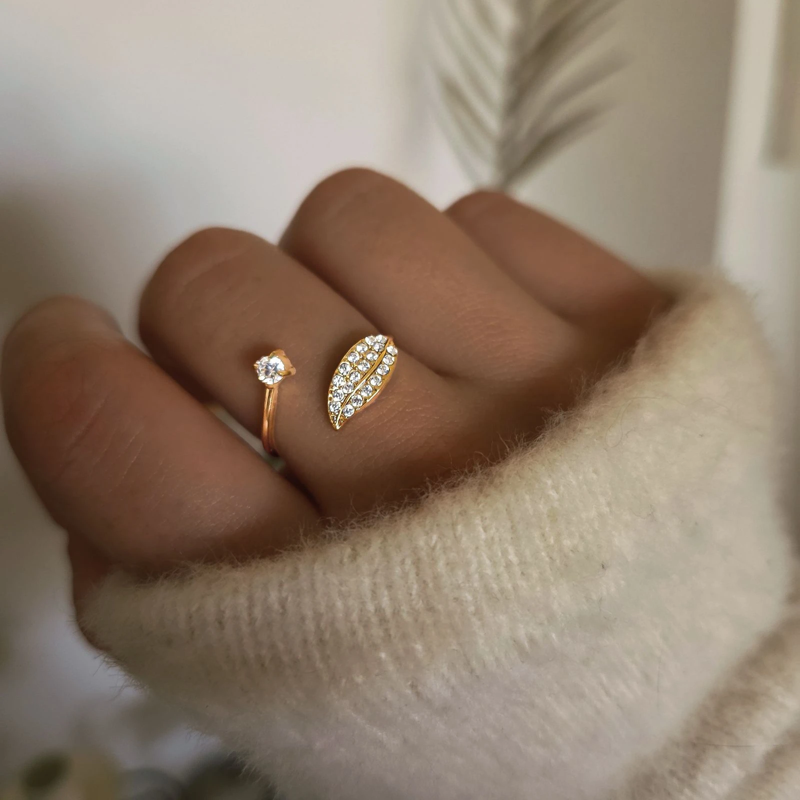 Bague Feuille Dorée Ajustable Acier Inoxydable, Bague Ouverte Cristaux, Bague Nature Femme, Bague Élégante, Cadeau Femme